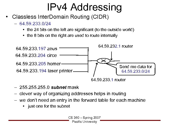 IPv 4 Addressing • Classless Inter. Domain Routing (CIDR) – 64. 59. 233. 0/24