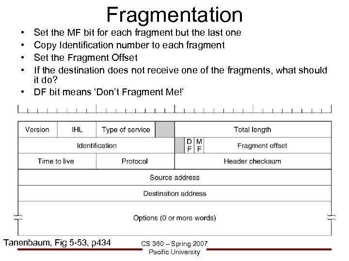 Fragmentation • • Set the MF bit for each fragment but the last one