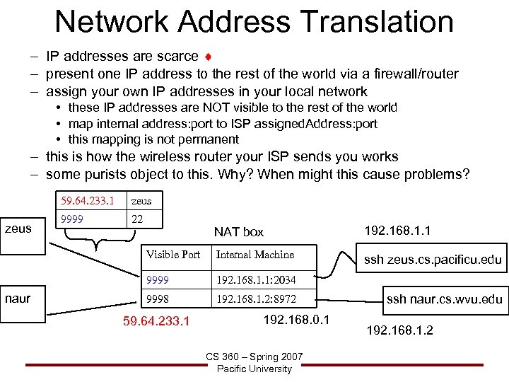 Network Address Translation – IP addresses are scarce – present one IP address to