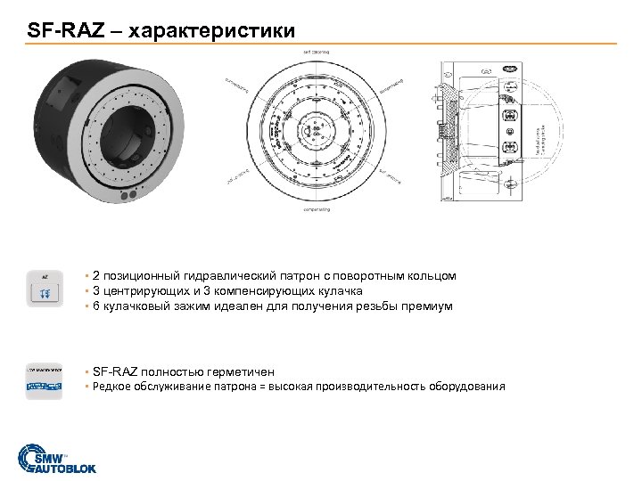 SF-RAZ – характеристики ▪ 2 позиционный гидравлический патрон с поворотным кольцом ▪ 3 центрирующих