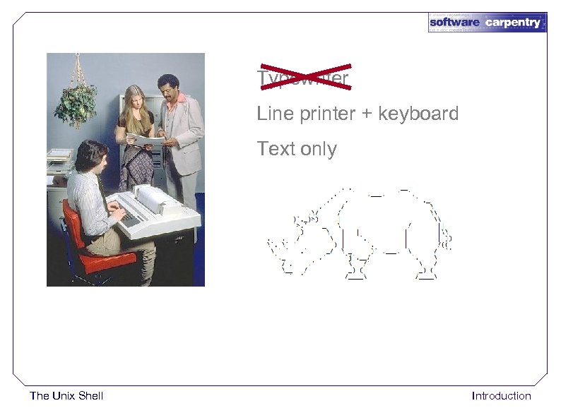 Typewriter Line printer + keyboard Text only The Unix Shell Introduction 