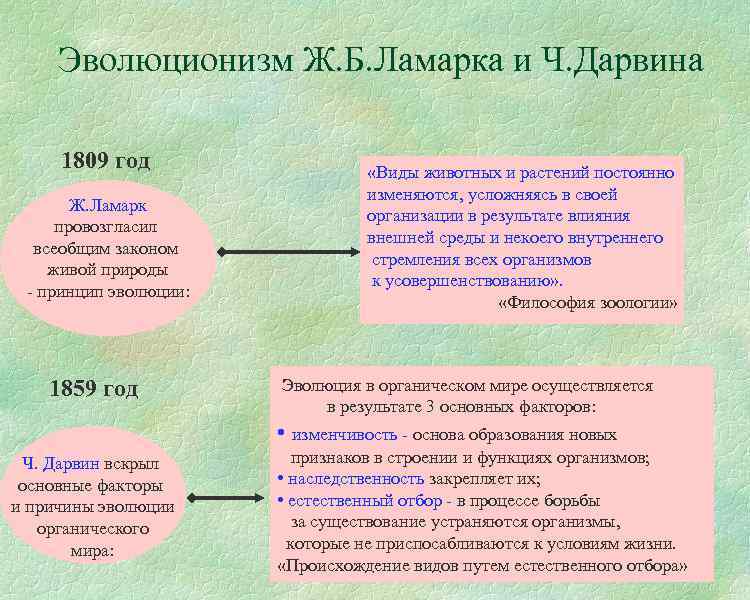 Эволюционизм Ж. Б. Ламарка и Ч. Дарвина 1809 год Ж. Ламарк провозгласил всеобщим законом