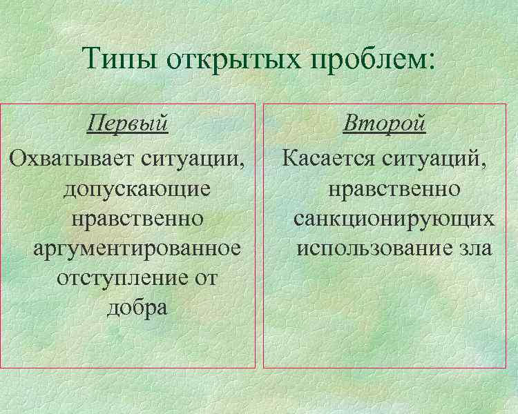 Типы открытых проблем: Первый Охватывает ситуации, допускающие нравственно аргументированное отступление от добра Второй Касается