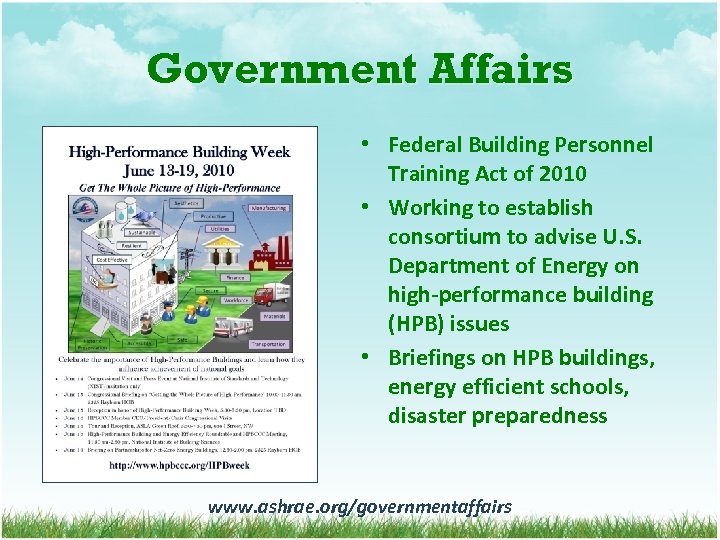 Government Affairs • Federal Building Personnel Training Act of 2010 • Working to establish