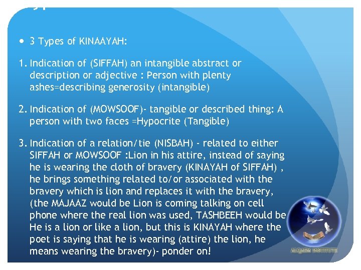 Types of KINAAYAH: 3 Types of KINAAYAH: 1. Indication of (SIFFAH) an intangible abstract