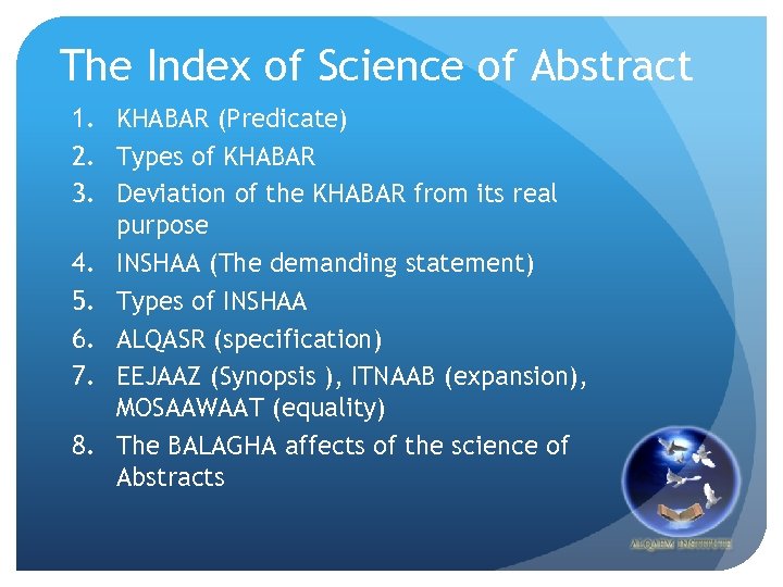 The Index of Science of Abstract 1. KHABAR (Predicate) 2. Types of KHABAR 3.