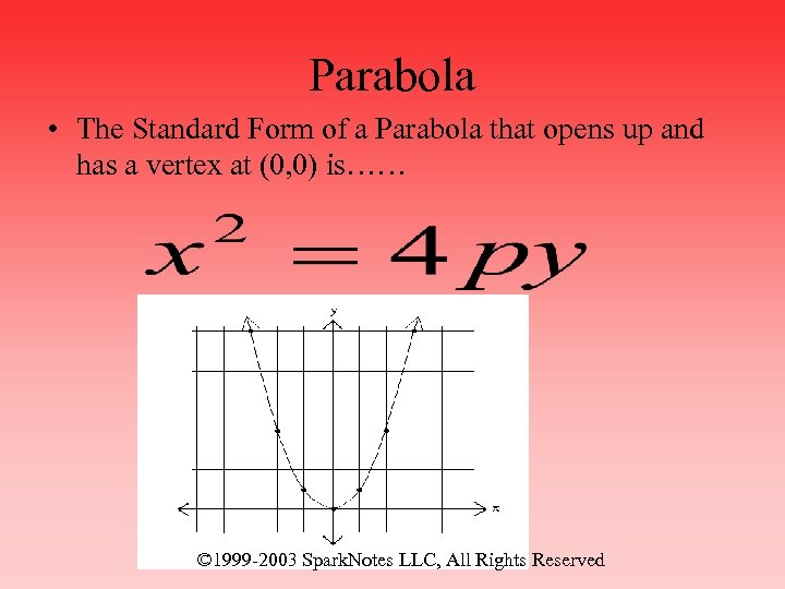 Parabola • The Standard Form of a Parabola that opens up and has a