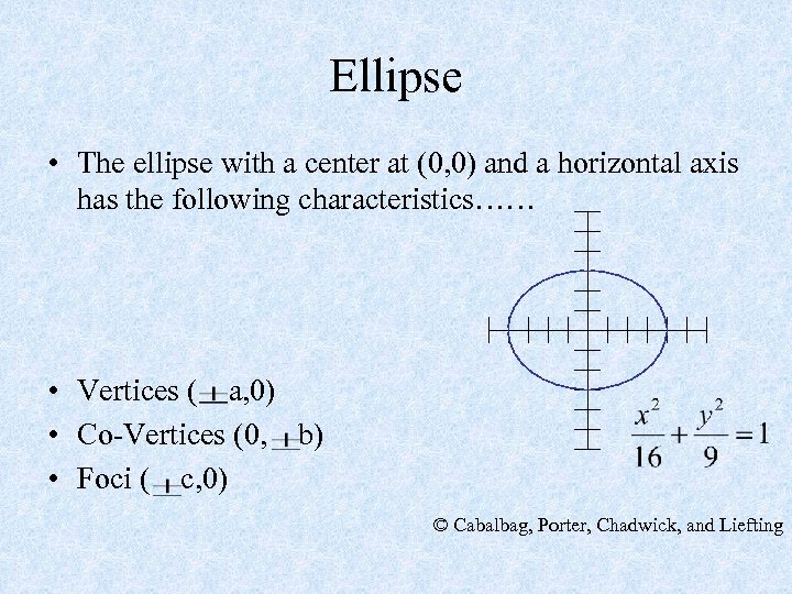 Ellipse • The ellipse with a center at (0, 0) and a horizontal axis