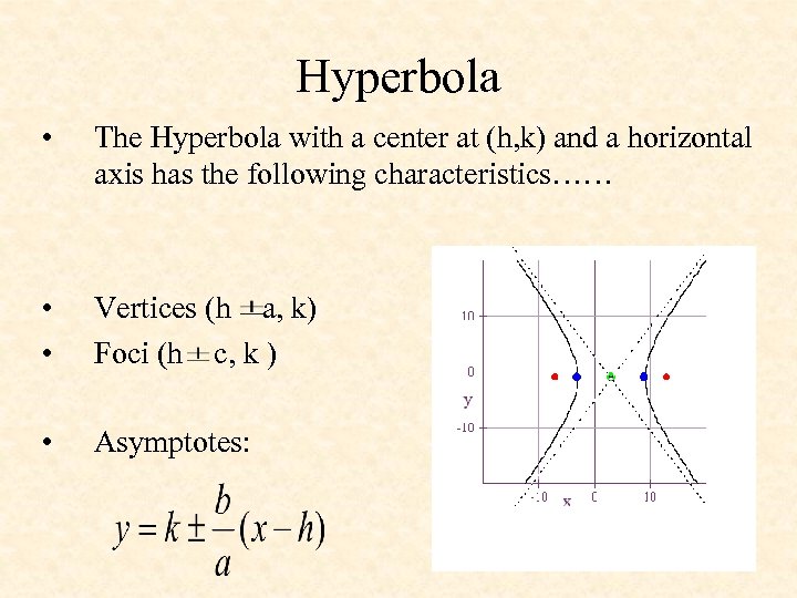 Hyperbola • The Hyperbola with a center at (h, k) and a horizontal axis
