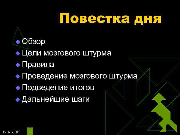 Повестка дня u Обзор u Цели мозгового штурма u Правила u Проведение мозгового штурма