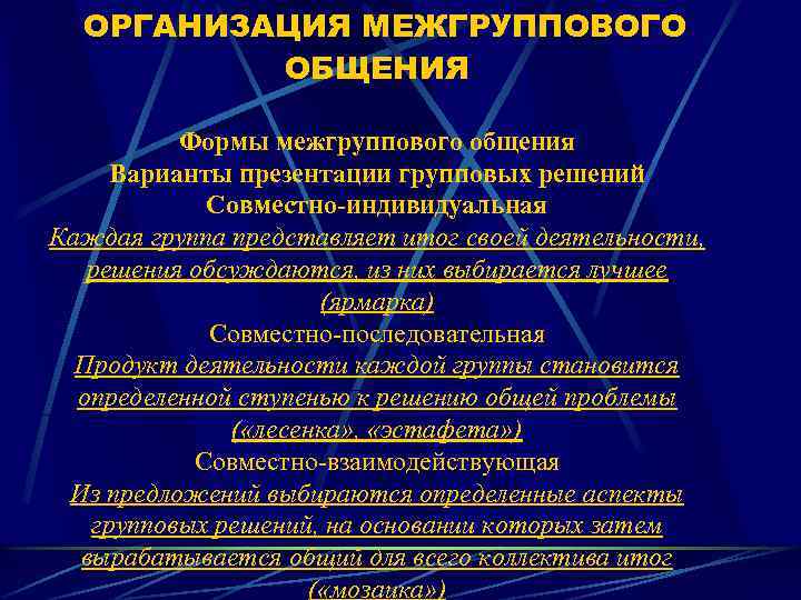 ОРГАНИЗАЦИЯ МЕЖГРУППОВОГО ОБЩЕНИЯ Формы межгруппового общения Варианты презентации групповых решений Совместно-индивидуальная Каждая группа представляет