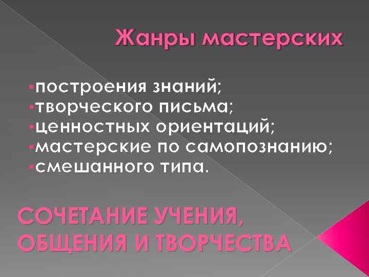 Жанры мастерских §построения знаний; §творческого письма; §ценностных ориентаций; §мастерские по самопознанию; §смешанного типа. СОЧЕТАНИЕ