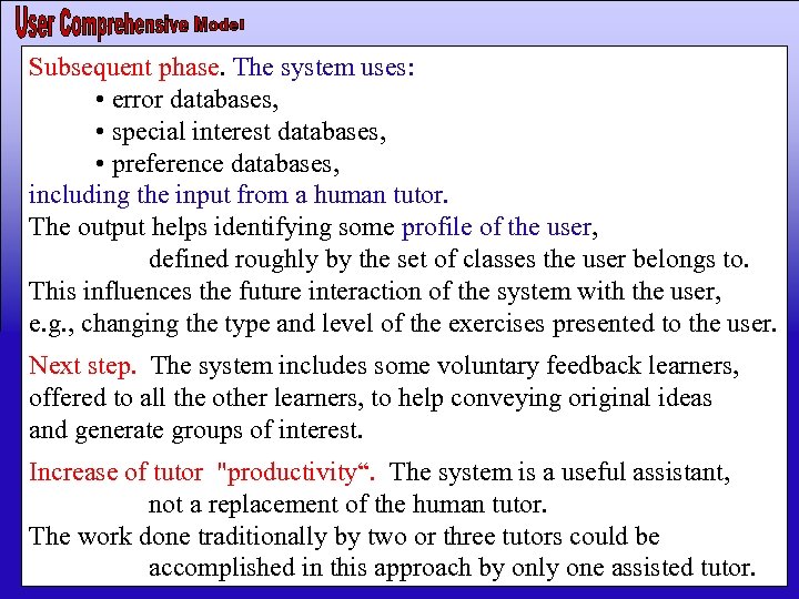 Subsequent phase. The system uses: • error databases, • special interest databases, • preference