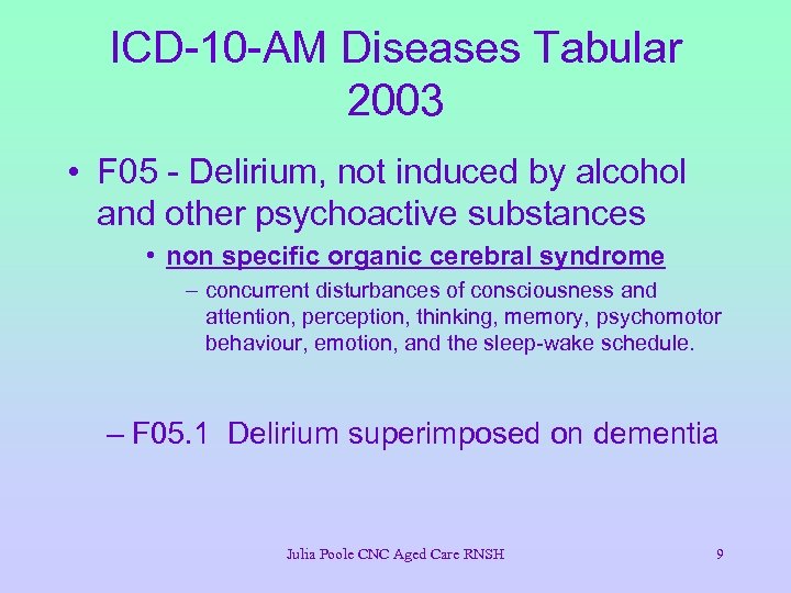 ICD-10 -AM Diseases Tabular 2003 • F 05 - Delirium, not induced by alcohol