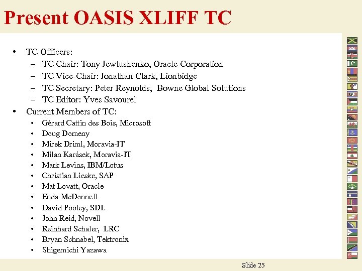 Present OASIS XLIFF TC • • TC Officers: – TC Chair: Tony Jewtushenko, Oracle