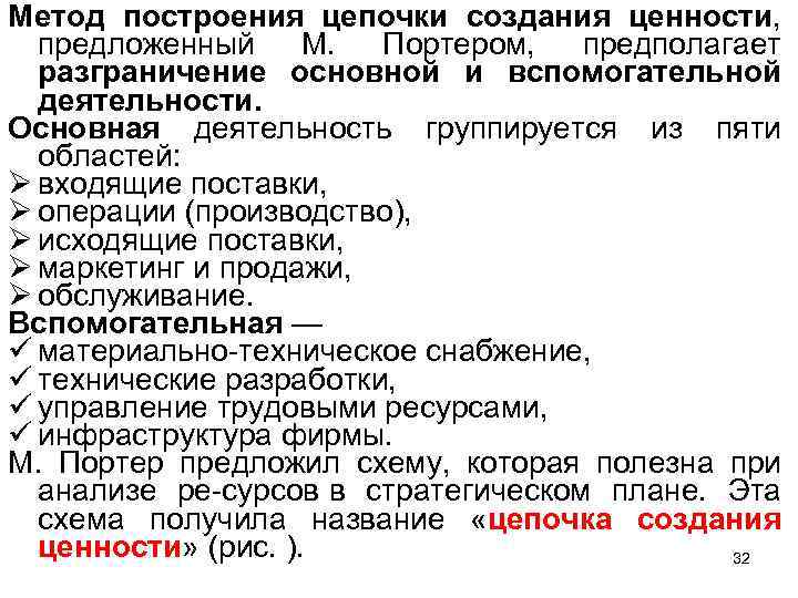 Метод построения цепочки создания ценности, предложенный М. Портером, предполагает разграничение основной и вспомогательной деятельности.