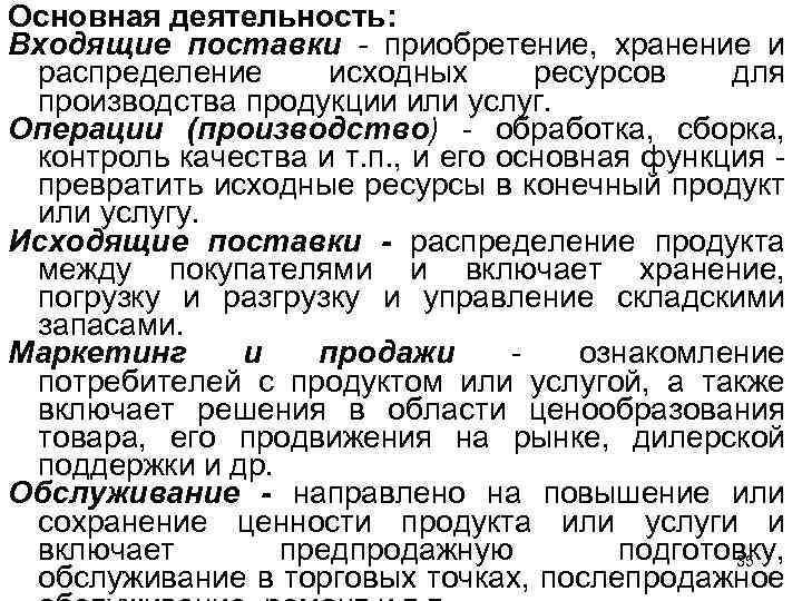 Основная деятельность: Входящие поставки - приобретение, хранение и распределение исходных ресурсов для производства продукции