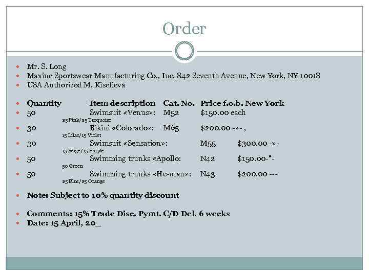 Order Mr. S. Long Maxine Sportswear Manufacturing Co. , Inc. 842 Seventh Avenue, New