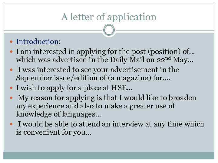 A letter of application Introduction: I am interested in applying for the post (position)