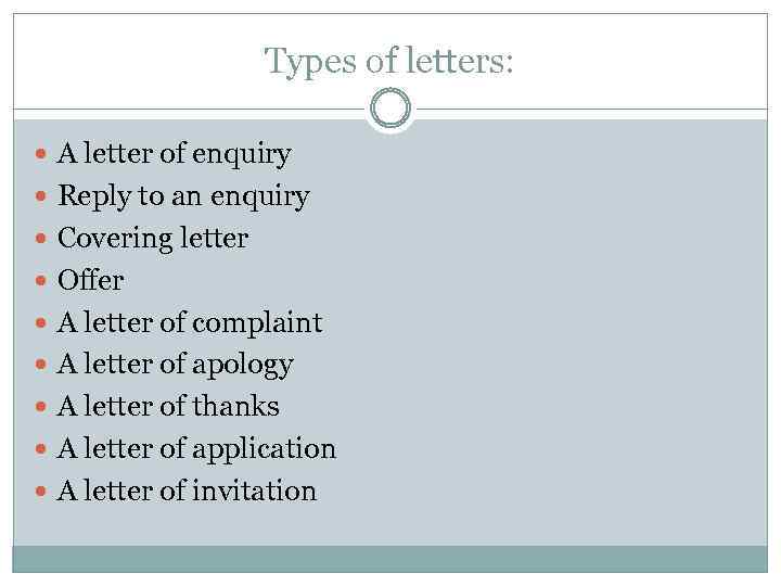 Types of letters: A letter of enquiry Reply to an enquiry Covering letter Offer