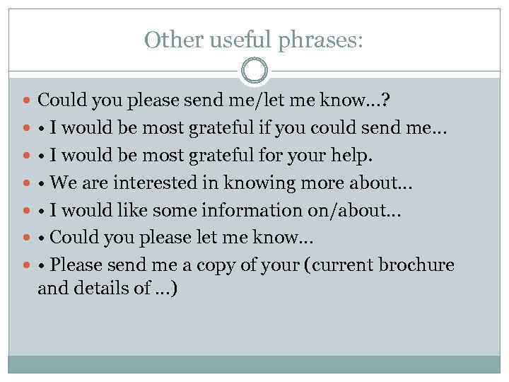 Other useful phrases: Could you please send me/let me know…? • I would be