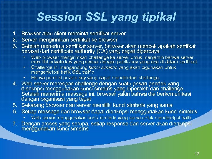 Session SSL yang tipikal 1. Browser atau client meminta sertifikat server 2. Server mengirimkan