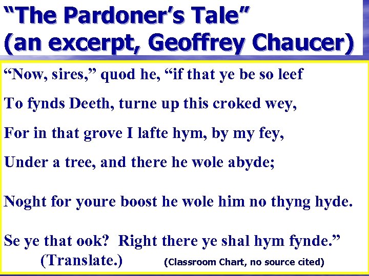 “The Pardoner’s Tale” (an excerpt, Geoffrey Chaucer) “Now, sires, ” quod he, “if that