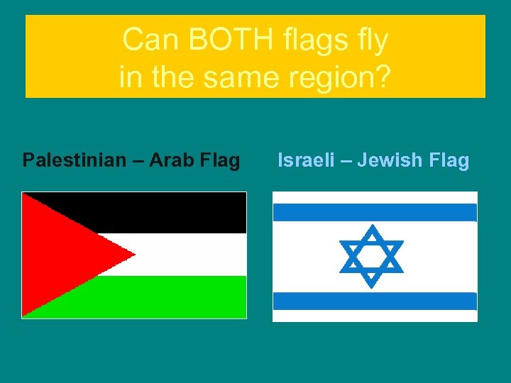 Can BOTH flags fly in the same region? Palestinian – Arab Flag Israeli –