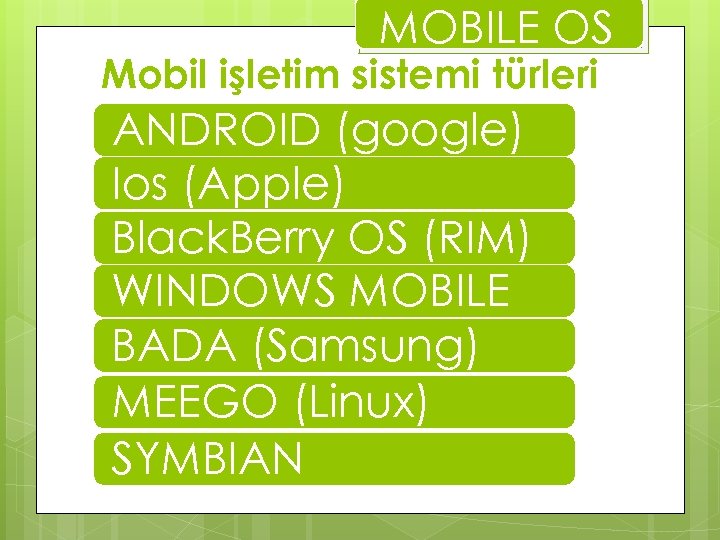 MOBILE OS Mobil işletim sistemi türleri ANDROID (google) Ios (Apple) Black. Berry OS (RIM)