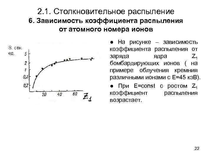 2. 1. Столкновительное распыление 6. Зависимость коэффициента распыления от атомного номера ионов ● На