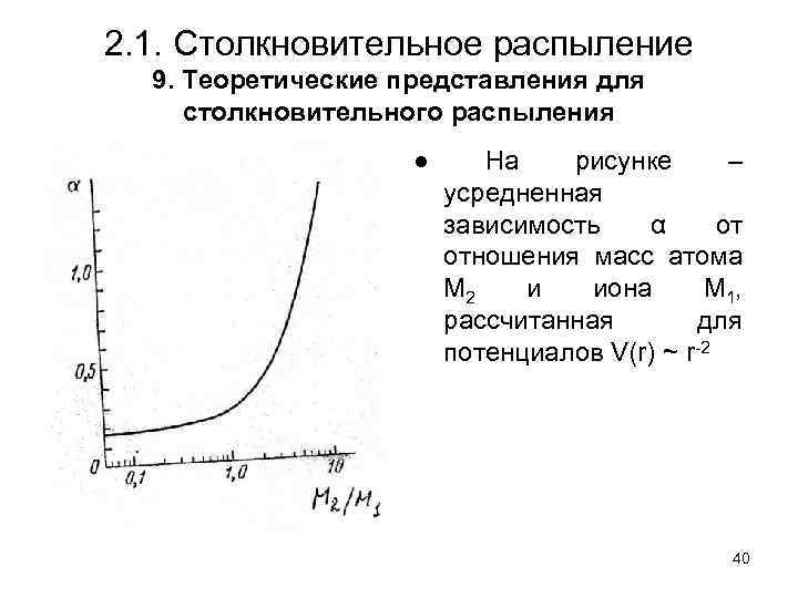 2. 1. Столкновительное распыление 9. Теоретические представления для столкновительного распыления ● На рисунке –