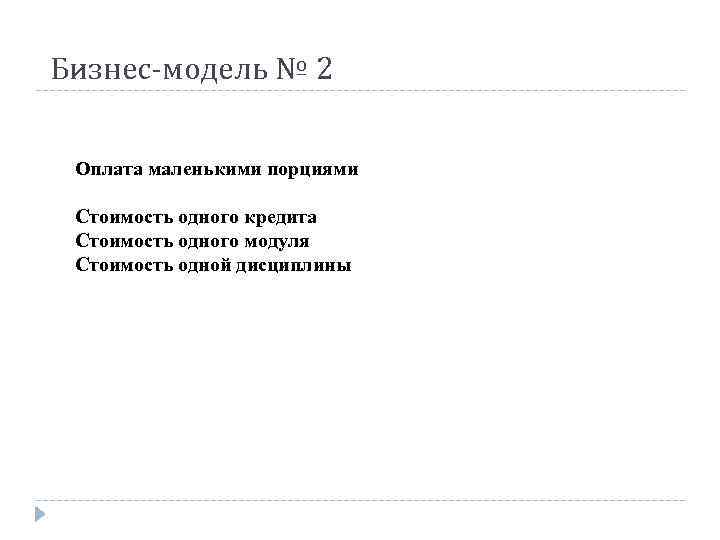 Бизнес-модель № 2 Оплата маленькими порциями Стоимость одного кредита Стоимость одного модуля Стоимость одной