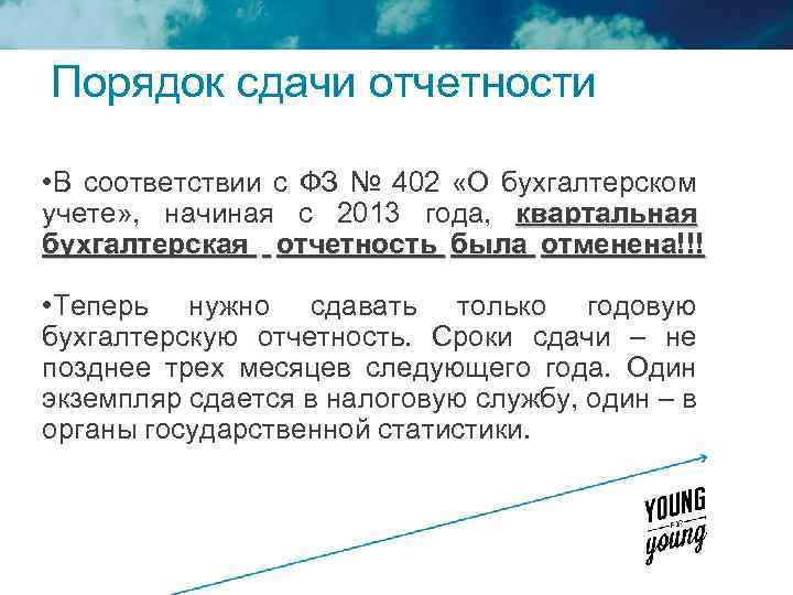 Порядок сдачи отчетности • В соответствии с ФЗ № 402 «О бухгалтерском учете» ,