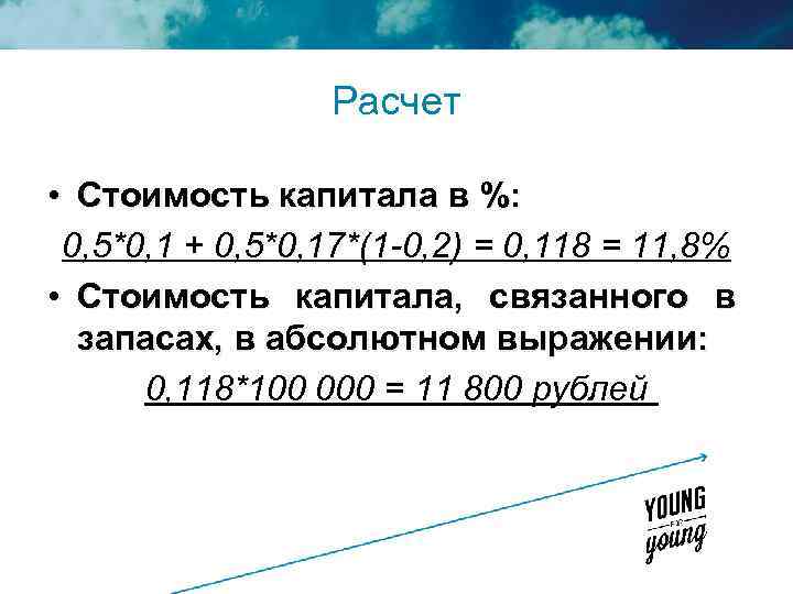 Расчет • Стоимость капитала в %: 0, 5*0, 1 + 0, 5*0, 17*(1 -0,