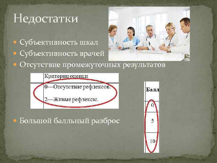 Недостатки Субъективность шкал Субъективность врачей Отсутствие промежуточных результатов Большой балльный разброс 
