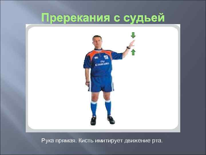 Пререкания с судьей Рука прямая. Кисть имитирует движение рта. 