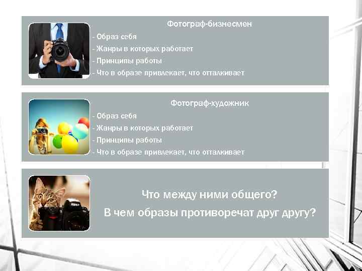 Фотограф-бизнесмен - Образ себя - Жанры в которых работает - Принципы работы - Что