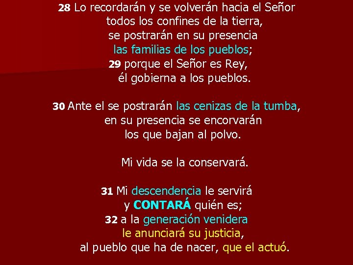 28 Lo recordarán y se volverán hacia el Señor todos los confines de la
