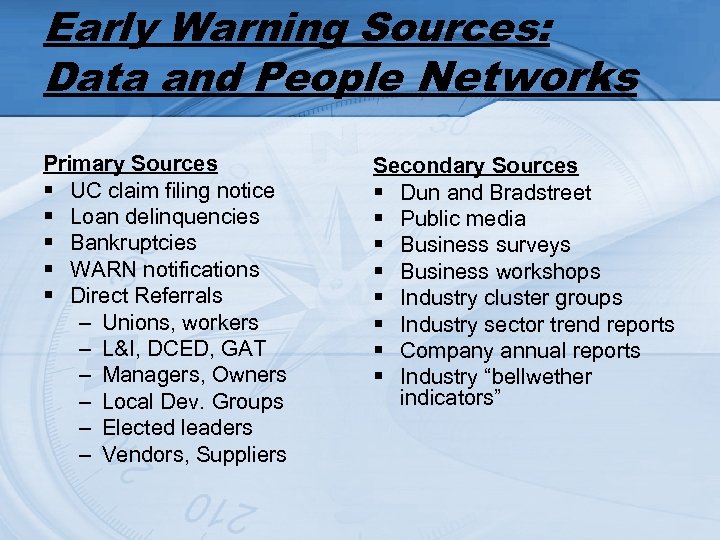 Early Warning Sources: Data and People Networks Primary Sources § UC claim filing notice