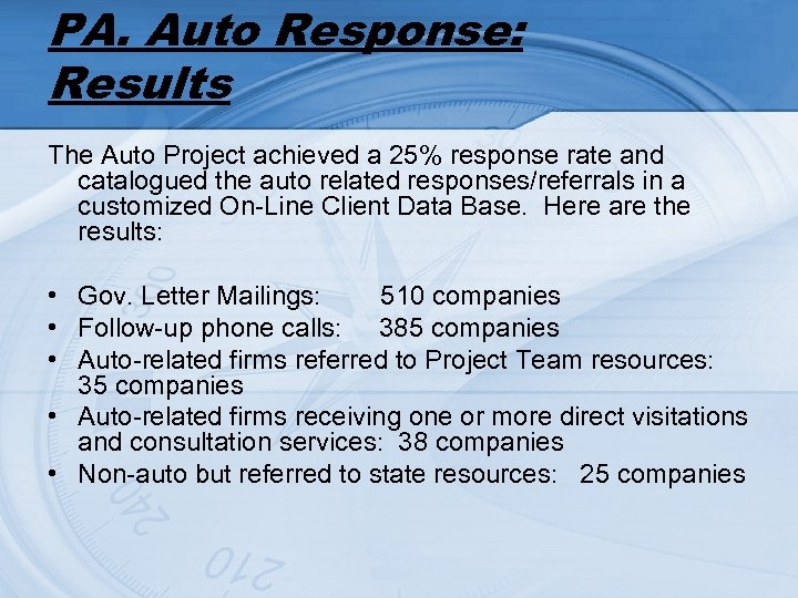 PA. Auto Response: Results The Auto Project achieved a 25% response rate and catalogued