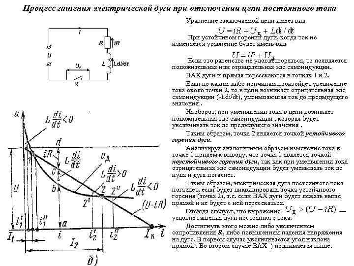 Процесс гашения электрической дуги при отключении цепи постоянного тока Уравнение отключаемой цепи имеет вид