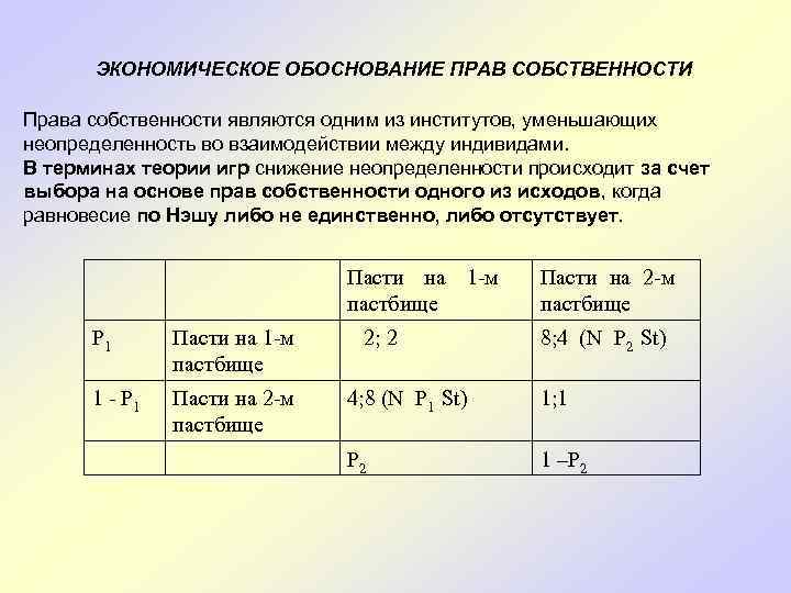 ЭКОНОМИЧЕСКОЕ ОБОСНОВАНИЕ ПРАВ СОБСТВЕННОСТИ Права собственности являются одним из институтов, уменьшающих неопределенность во взаимодействии