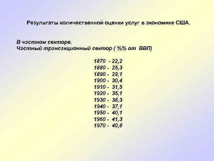 Результаты количественной оценки услуг в экономике США. В частном секторе. Частный трансакционный сектор (