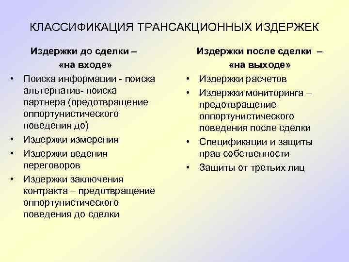 КЛАССИФИКАЦИЯ ТРАНСАКЦИОННЫХ ИЗДЕРЖЕК • • Издержки до сделки – «на входе» Поиска информации -