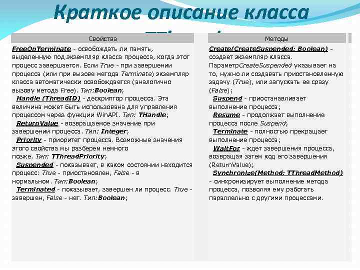 Краткое описание класса TThread Свойства Free. On. Terminate - освобождать ли память, выделенную под