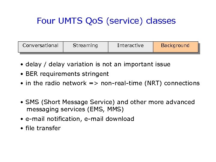Four UMTS Qo. S (service) classes Conversational Streaming Interactive Background • delay / delay