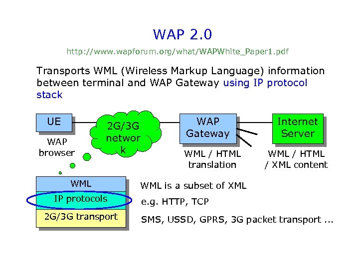 WAP 2. 0 http: //www. wapforum. org/what/WAPWhite_Paper 1. pdf Transports WML (Wireless Markup Language)
