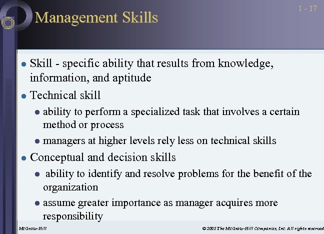 1 - 17 Management Skills Skill - specific ability that results from knowledge, information,