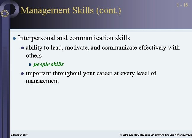 Management Skills (cont. ) l 1 - 18 Interpersonal and communication skills l ability