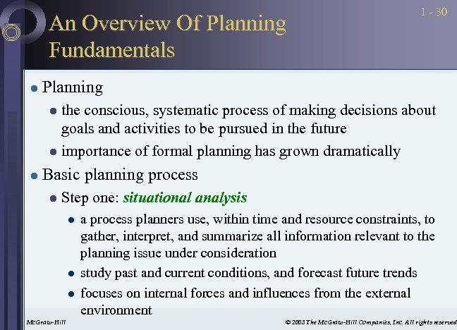 An Overview Of Planning Fundamentals l 1 - 30 Planning the conscious, systematic process